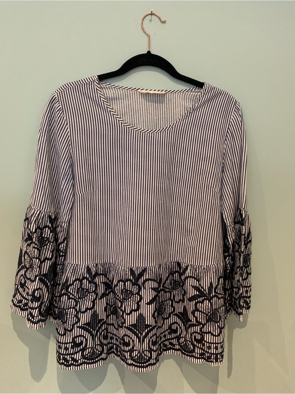Striped Navy & White Peplum Tunic with Floral Lace Detail
